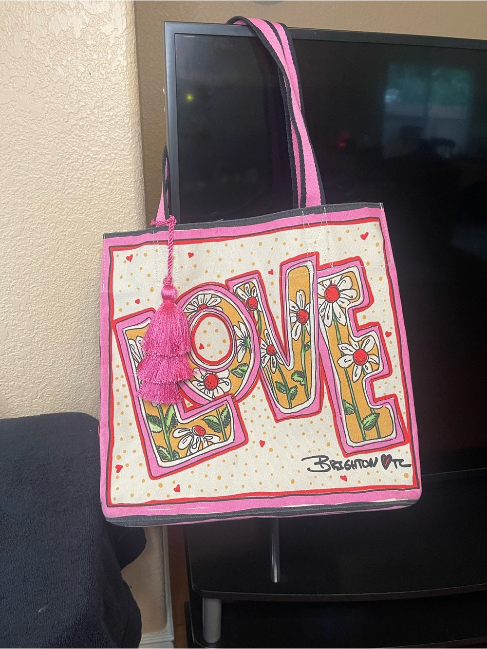 Brighton Pink and Cream LOVE Floral Canvas Tote with Tassel